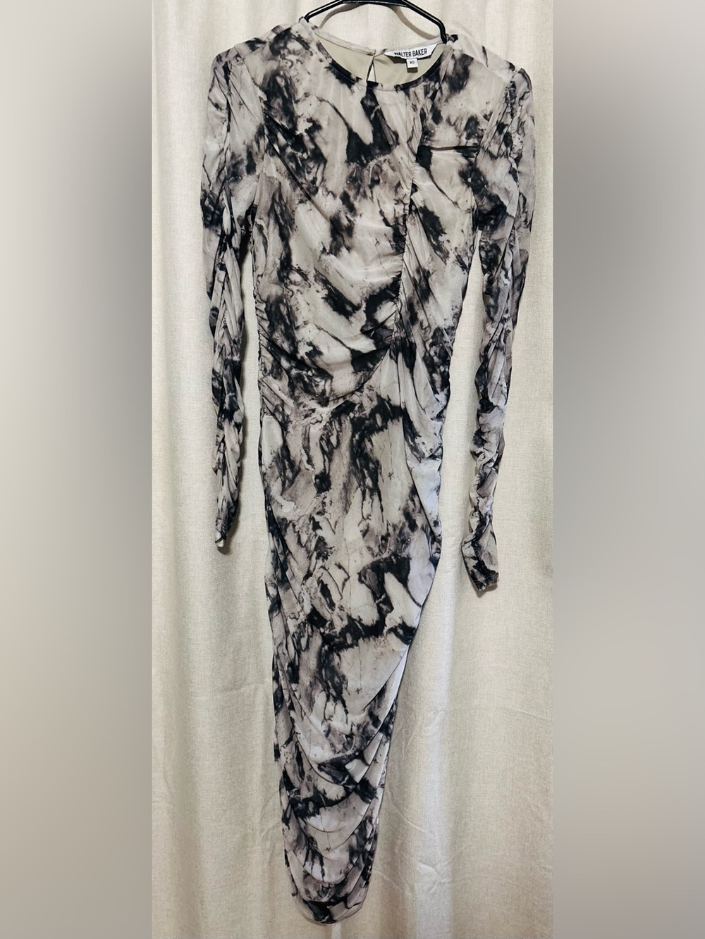 Walter Baker Marble-Print Long Sleeve Midi Dress in Black and Cream - Picture 3 of 6